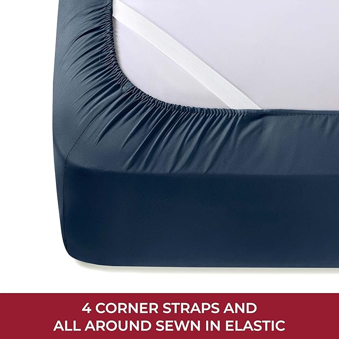 Mellanni RV Short Queen Sheets - 4 PC Iconic Collection Bedding Sheets & Pillowcases - Hotel Luxury, Extra Soft, Cooling Bed Sheets - Deep Pocket up to 10 inch (RV/Short Queen, Navy Blue) - LeafyLoom