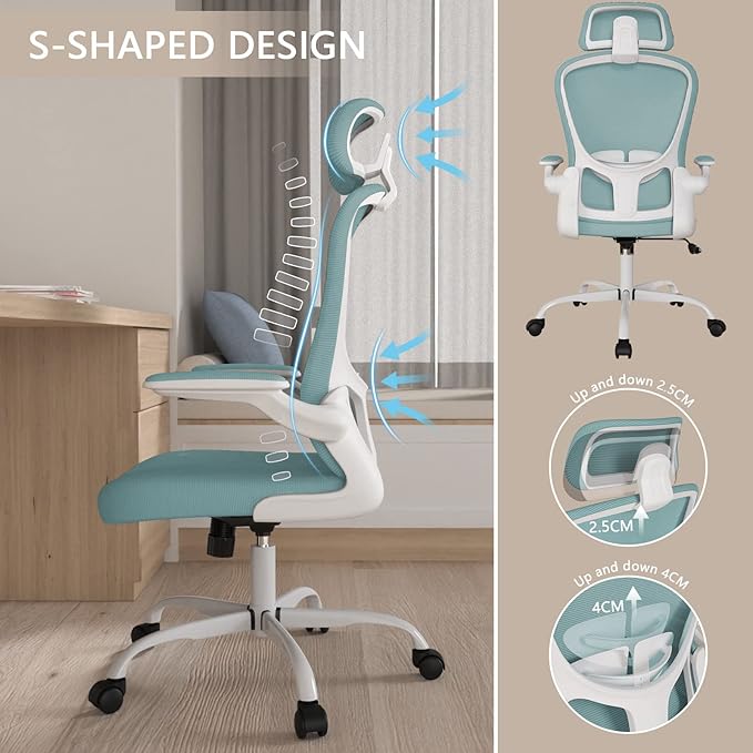 Office Chair, High Back Ergonomic Desk Chair, Breathable Mesh Desk Chair with Adjustable Lumbar Support and Headrest, Swivel Task Chair with flip-up Armrests, Executive Chair for Home Office - LeafyLoom