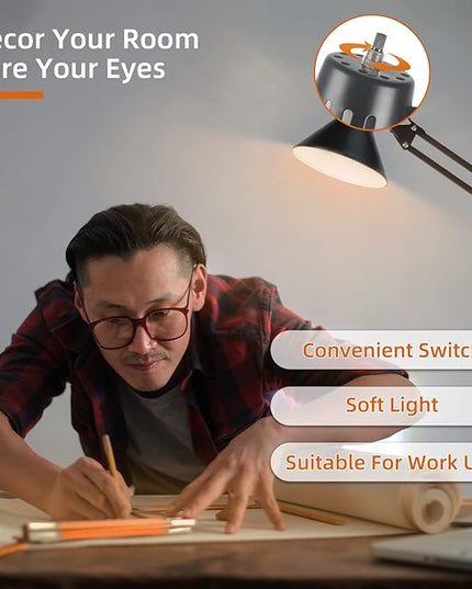 Desk Lamp for Home Office Eye-Caring Metal Extra Long Swing Arm Stable Clamp Flexible Gooseneck A19 E26 Bulb included as Table Working Reading Aesthetic Computer Versatile Light - LeafyLoom