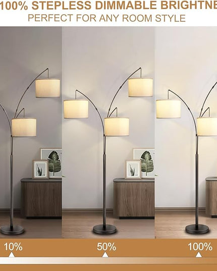 Arc Floor Lamp for Living Room with Remote Control, Dimmable Modern Mid Century 3 Lights Arched Tall Floor Lamp, Adjustable Standing Corner Lamp for Living Room Bedroom Office (Black+White Shade) - LeafyLoom