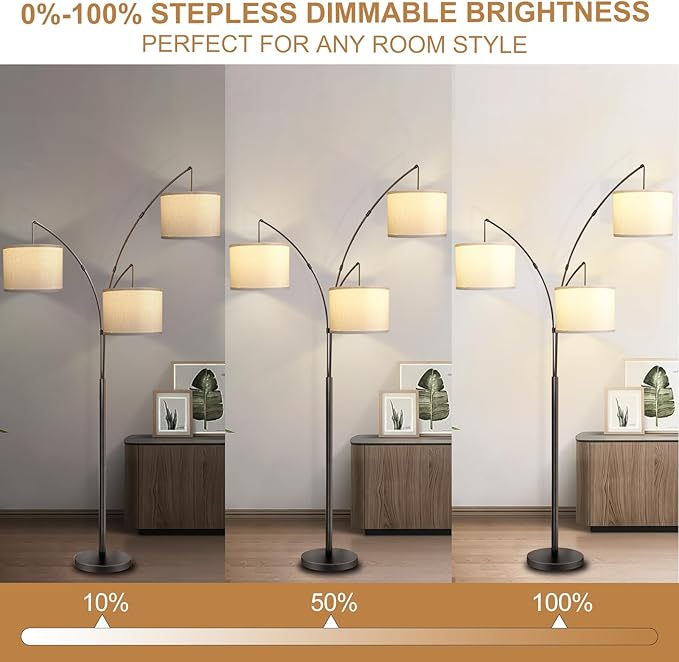 Arc Floor Lamp for Living Room with Remote Control, Dimmable Modern Mid Century 3 Lights Arched Tall Floor Lamp, Adjustable Standing Corner Lamp for Living Room Bedroom Office (Black+White Shade) - LeafyLoom