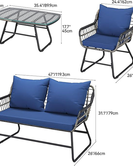 YITAHOME 4-Piece Patio Furniture Wicker Outdoor Bistro Set, All-Weather Rattan Conversation Loveseat Chairs for Backyard, Balcony and Deck with Soft Cushions and Metal Table (Navy Blue) - LeafyLoom