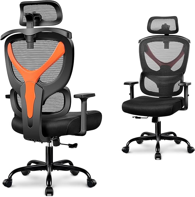 Office Chair Ergonomic Desk Chair Comfy Computer Chair, Big and Tall Home Office Chair with Back Support, Mesh Office Chair High Back Gaming Chair with Adjustable Armrest (Orange) - LeafyLoom
