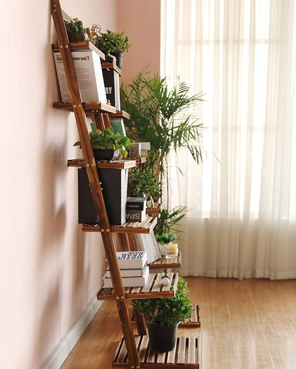 HYNAWIN 6 tier bookshelf ladder shelf-Large Bamboo Storage Shelves Wall Leaning Shelf for Garage, Kitchen, Office,Corner Display Bookcase - LeafyLoom