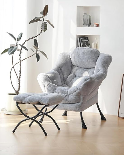 Plush Lazy Chair and Ottoman, Large Contemporary Accent Lounge Chair with Armrests and a Side Pocket, Modern Leisure Upholstered Sofa Reading Armchair with Footrest for Bedroom, Living Room - LeafyLoom