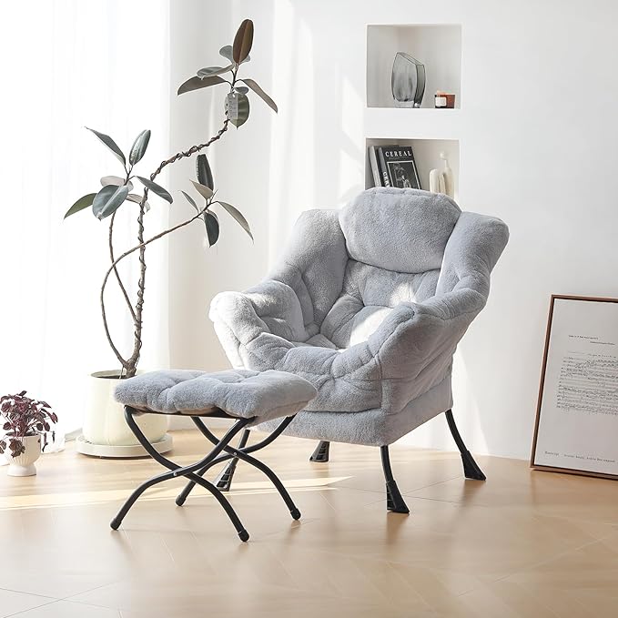 Plush Lazy Chair and Ottoman, Large Contemporary Accent Lounge Chair with Armrests and a Side Pocket, Modern Leisure Upholstered Sofa Reading Armchair with Footrest for Bedroom, Living Room - LeafyLoom