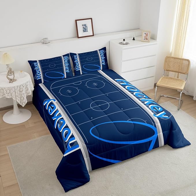 Feelyou Kids Hockey Player Comforter Set Full Size Ice Hockey Bedding Set for Boys Girls Teens Bedroom Decor Ice Sports Games Comforter Puck Hockey Duvet Set with 2 Pillow Case - LeafyLoom