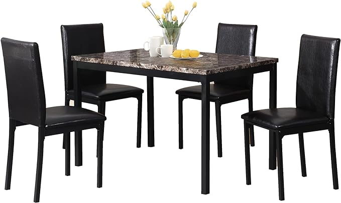 Roundhill Furniture 5 Piece Citico Metal Dinette Set with Laminated Faux Marble Top - Black - LeafyLoom