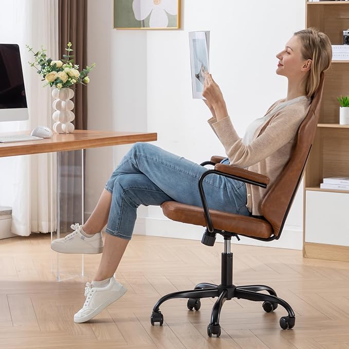 Executive Office Chair, Home Office Desk Chair, High Back PU Leather Desk Chair, 360° Swivel Computer Chair, Height Adjustable Tilt Vanity Task Chair for Office, Reading Meeting Room - LeafyLoom