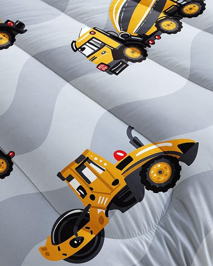 Datura home Construction Truck Comforter Set for Boys Kids Children,Grey Machinery Truck Excavators Vehicles Cartoon Tractor Bedding Set with 1 Comforter and 2 Pillowcases(Truck Grey Full) 80x90in - LeafyLoom