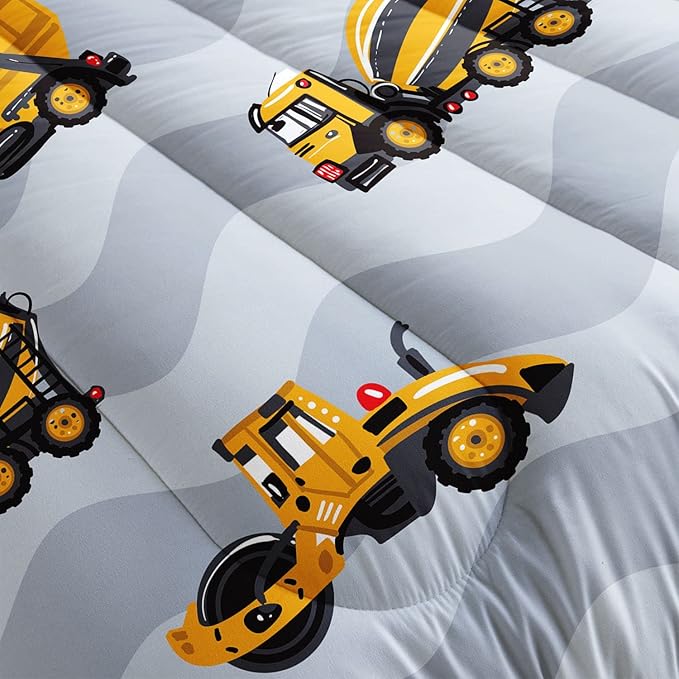 Datura home Construction Truck Comforter Set for Boys Kids Children,Grey Machinery Truck Excavators Vehicles Cartoon Tractor Bedding with 1 and 2 Pillowcases(Truck Grey Queen), Queen 90x90inches - LeafyLoom