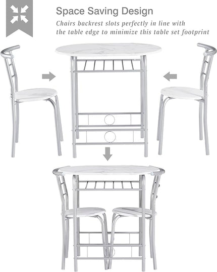 VECELO 3 Piece Small Round Dining Table Set for Kitchen Breakfast Nook, Wood Grain Tabletop with Wine Storage Rack, Save Space, 31.5", White & Silver - LeafyLoom