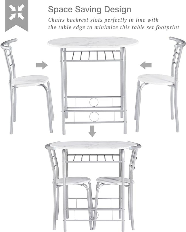 VECELO 3 Piece Small Round Dining Table Set for Kitchen Breakfast Nook, Wood Grain Tabletop with Wine Storage Rack, Save Space, 31.5", White & Silver - LeafyLoom