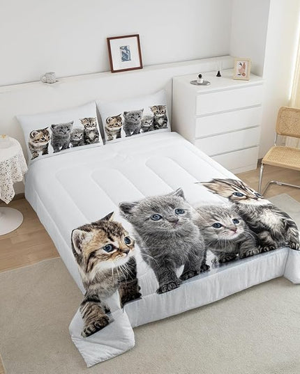 Feelyou Cat Comforter Kids Cute Cat Bedding Set Cartoon Pet Cats Comforter Set for Girls Boys Cute Kitten Room Decor Cat Lovers Kawaii Animal Quilt King Size with 2 Pillow Case Boys - LeafyLoom
