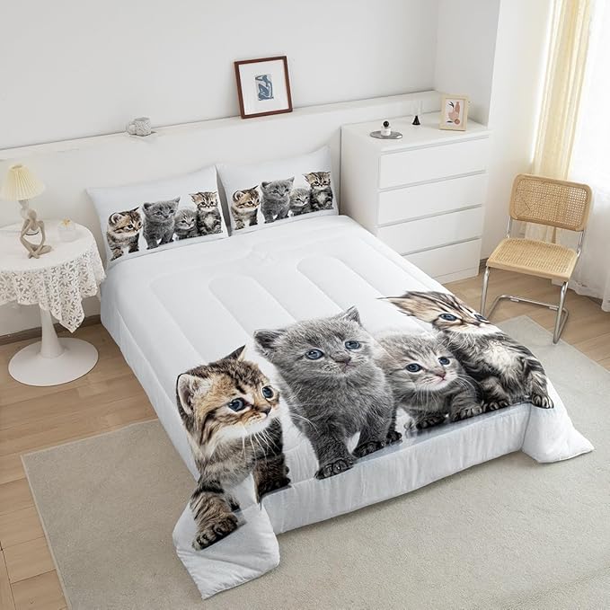 Feelyou Cat Comforter Kids Cute Cat Bedding Set Cartoon Pet Cats Comforter Set for Girls Boys Cute Kitten Room Decor Cat Lovers Kawaii Animal Quilt King Size with 2 Pillow Case Boys - LeafyLoom