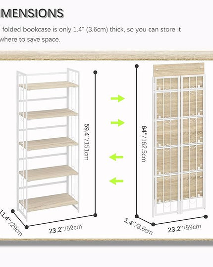 4NM No-Assembly 5 Tiers Folding Bookshelf Storage Shelves Vintage Bookcase Standing Racks Study Organizer Home Office - Natural and White - LeafyLoom