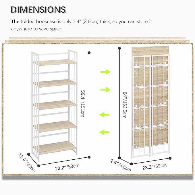 4NM No-Assembly 5 Tiers Folding Bookshelf Storage Shelves Vintage Bookcase Standing Racks Study Organizer Home Office - Natural and White - LeafyLoom