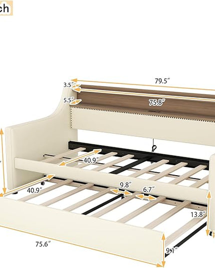 Twin Size Daybed with Trundle, Upholstered Daybed with Charging Station and LED Lights, PU Leather Fabric Bedframe w/Headboard & Wood Slat Support, White - LeafyLoom