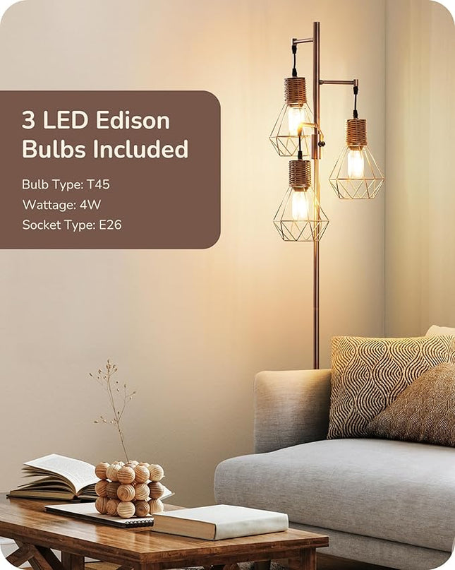 EDISHINE Farmhouse Floor Lamp Dimmable, Industrial Standing Lamp for Living Room, Diamond-Shaped Cage, Corner Rustic Rattan Tall Tree Reading Lamp Home Decor, Electroplated Brushed Red Copper - LeafyLoom