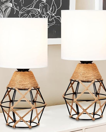 Hamilyeah Table Lamps Set of 2, Woven Lamps for Nightstand with On/Off Switch, Farmhouse Bedside Lamps with White Fabric Shade, Modern Simple Lamps for Bedroom, Living Room - LeafyLoom