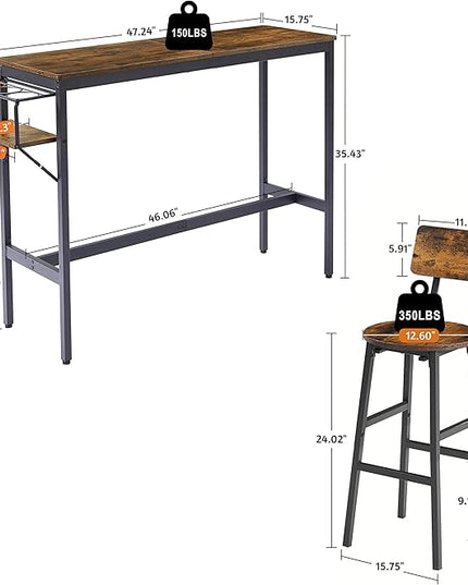 NicBex Dining Table Kitchen Table and Chairs 2 Person Dining Table Set Bar Table Set with Metal Frame and Wine Bottle Storage Rack for Dining Room and Restaurant, Rustic Brown - LeafyLoom