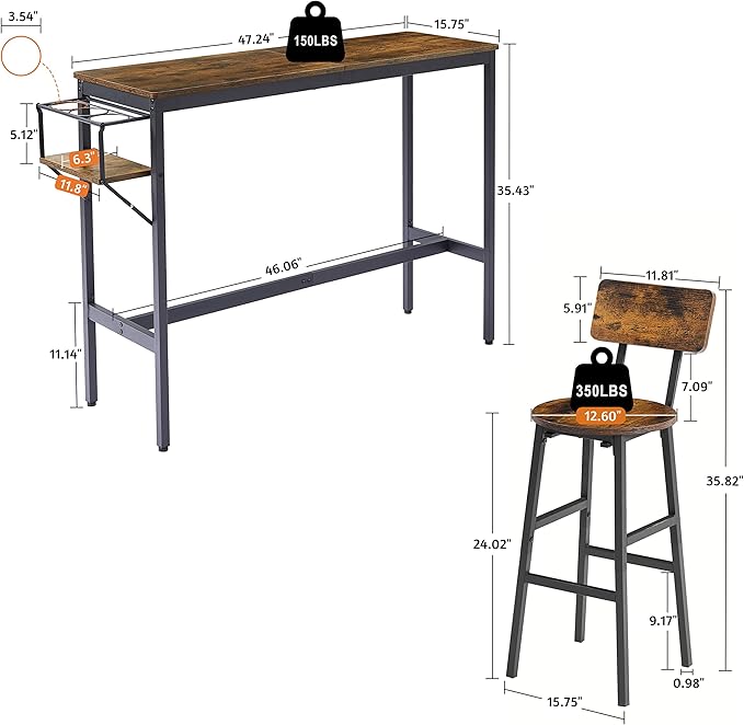 NicBex Dining Table Kitchen Table and Chairs 2 Person Dining Table Set Bar Table Set with Metal Frame and Wine Bottle Storage Rack for Dining Room and Restaurant, Rustic Brown - LeafyLoom