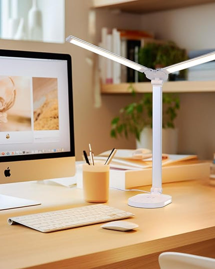 Lightess LED Desk Lamp with Wireless Charger, USB Charging Port - Dual Swing Arm Dimmable LED Desk Light with Night Light, Foldable Desk Lamp, Touch Control Table Lamp for College Dorm Room Bedroom - LeafyLoom