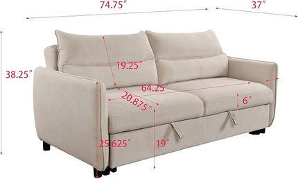 Queen Size Loveseat Sleeper Sofa,3 in 1 Soft Corduroy Upholstered Oversized Convertible Love Seat Sofabed cum Daybed W/Pull Out Sleep Couch Bed and Reclining Backrest for Living Space, 75“, Beige - LeafyLoom