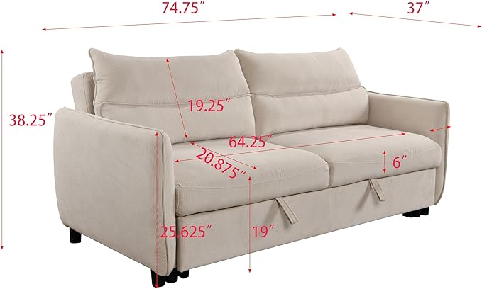 Queen Size Loveseat Sleeper Sofa,3 in 1 Soft Corduroy Upholstered Oversized Convertible Love Seat Sofabed cum Daybed W/Pull Out Sleep Couch Bed and Reclining Backrest for Living Space, 75“, Beige - LeafyLoom