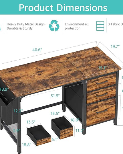 Lufeiya Computer Desk with Fabric File Drawers Cabinet, 47 Inch Home Office Desks with Filing Cabinet for Small Space, Study Writing Table PC Desks, Rustic Brown - LeafyLoom