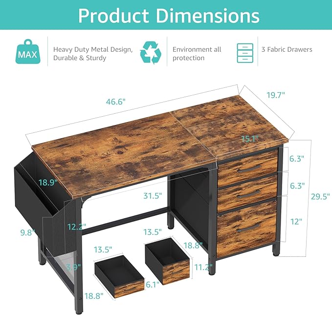 Lufeiya Computer Desk with Fabric File Drawers Cabinet, 47 Inch Home Office Desks with Filing Cabinet for Small Space, Study Writing Table PC Desks, Rustic Brown - LeafyLoom