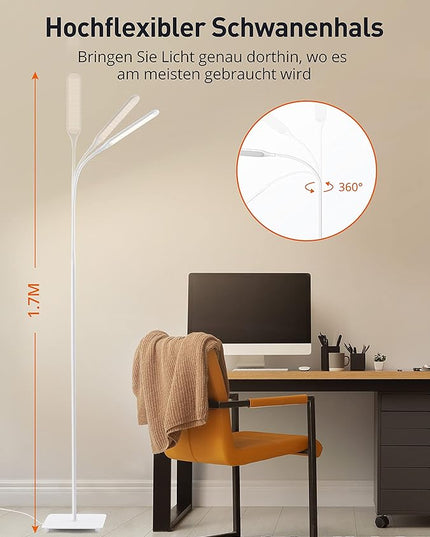 sympa LED Floor Lamp, Super Bright Dimmable LED Lamps for Living Room, Standing Lamp with Adjustable Gooseneck, Touch Control, Stable Base Floor Lamps for Bedroom Office (White) - LeafyLoom