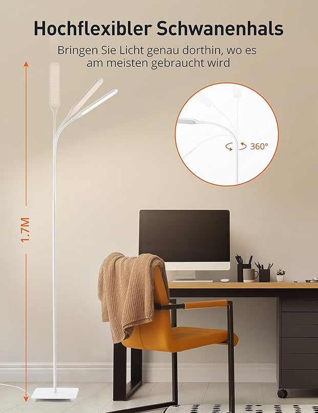 sympa LED Floor Lamp, Super Bright Dimmable LED Lamps for Living Room, Standing Lamp with Adjustable Gooseneck, Touch Control, Stable Base Floor Lamps for Bedroom Office (White) - LeafyLoom