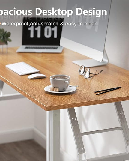 Need Folding Desk for Home Office 39-3/8 inch Length Modern Folding Table Computer Desk No Install Needed Teak Color Desktop White Frame AC5BW(100 * 60) - LeafyLoom