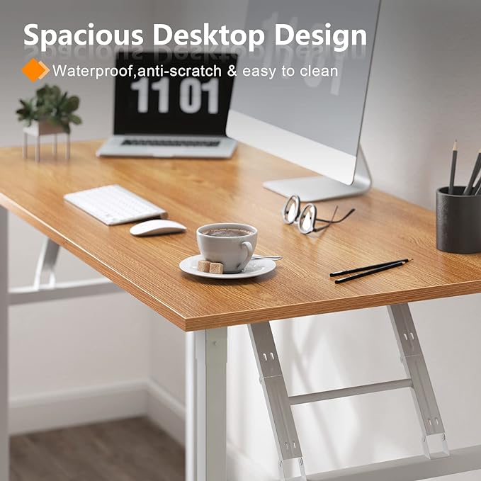 Need Folding Desk for Home Office 39-3/8 inch Length Modern Folding Table Computer Desk No Install Needed Teak Color Desktop White Frame AC5BW(100 * 60) - LeafyLoom