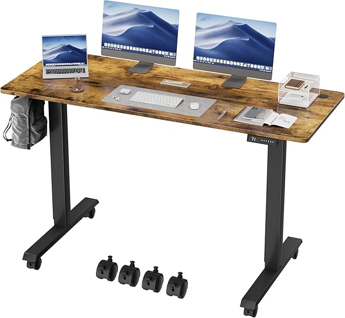 Electric Standing Desk 60 Inch, Ergonomic Height Adjustable Table with T-Shaped Metal Bracket Modern Computer Workstations for Home Office, Rustic Brown, 60 x 24 Inch - LeafyLoom