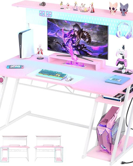 Pink Gaming Desk with Hutch and LED Lights, 55" Computer Desk with Storage Shelves, Reversible PC Gaming Desk with Pegboard, Gaming Table Gamer Desk for Bedroom, Carbon Fiber Pink - LeafyLoom