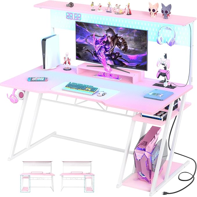 Pink Gaming Desk with Hutch and LED Lights, 55" Computer Desk with Storage Shelves, Reversible PC Gaming Desk with Pegboard, Gaming Table Gamer Desk for Bedroom, Carbon Fiber Pink - LeafyLoom