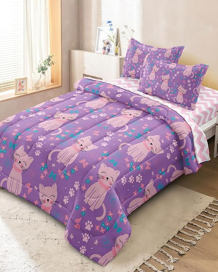 5 Piece Girls Cat Comforter Set Twin Size Bed in A Bag Pink Cute Cartoon Cats Bedding Set for Kids Teens (1 Comforter, 1 Flat Sheet, 1 Fitted Sheet, 2 Pillowcases), Purple Pink - LeafyLoom