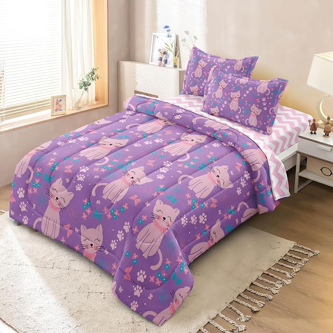 5 Piece Girls Cat Comforter Set Twin Size Bed in A Bag Pink Cute Cartoon Cats Bedding Set for Kids Teens (1 Comforter, 1 Flat Sheet, 1 Fitted Sheet, 2 Pillowcases), Purple Pink - LeafyLoom