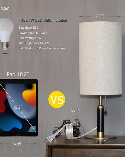 3-Color Temperatures Bedside Table Lamp for Nightstand Living Room Lamps for Bedroom Wood Fabric Pull Chain Switch Small Desk Lamps Home Office End Table Room Decor (Light Brown+Brass) - LeafyLoom