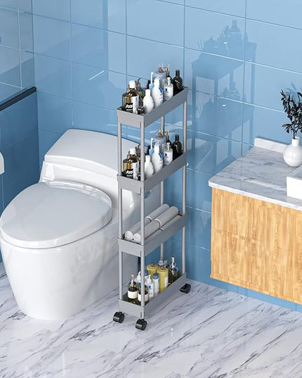 Sooyee 4 Tier Slim Storage Cart,Rolling Storage Cart,Narrow Shelf,Bathroom Rack,Mobile Shelving Unit Organizer for Kitchen, Bathroom, Laundry Room, Grey - LeafyLoom