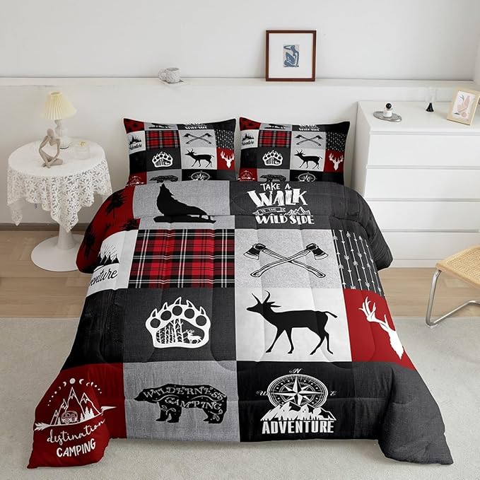 Deer Antler Bear Kids Comforter Set Full Size,Plaids Boho Arrows Patchwork Bedding Set for Boys Girls Adults Room Decor,Rustic Adventure Camper Down Comforter,Red Xmas Duvet Insert,2 Pillowcases - LeafyLoom