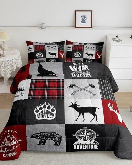 Deer Antler Bear Kids Comforter Set Twin Size,Plaids Boho Arrows Patchwork Bedding Set for Boys Girls Adults Room Decor,Rustic Adventure Camper Down Comforter,Red Xmas Duvet Insert,1 Pillowcase - LeafyLoom