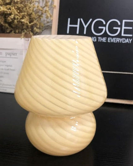 BSOD Glass Mushroom Bedside Table Lamp, Yellow Translucent Murano Vintage Style Striped Small Nightstand Desklamp Swirl Light for Home Decor, Dining, Living, Bedroom, Gift (Stripe Yellow) - LeafyLoom
