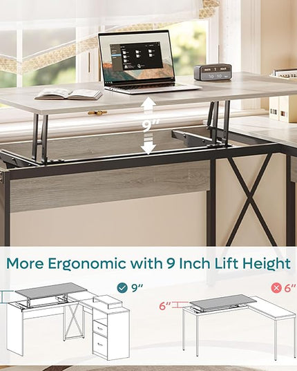 Bestier Lift Top L Shaped Desk with File Drawer, 55'' x 55'' Office Desk with Reversible Storage Drawers, L Shaped Standing Desk with Computer Monitor Stand (Retro Grey Oak Light) - LeafyLoom