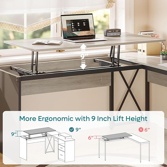 Bestier Lift Top L Shaped Desk with File Drawer, 55'' x 55'' Office Desk with Reversible Storage Drawers, L Shaped Standing Desk with Computer Monitor Stand (Retro Grey Oak Light) - LeafyLoom