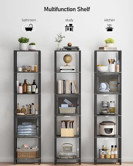 TUTOTAK 6 Tier Bookcase and Bookshelf, Narrow Book shelf with Door for Small Space, for Living Room, Office, Study, Entryway, Charcoal Grey BS03BY006 - LeafyLoom