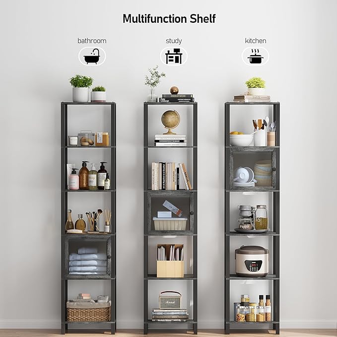 TUTOTAK 6 Tier Bookcase and Bookshelf, Narrow Book shelf with Door for Small Space, for Living Room, Office, Study, Entryway, Charcoal Grey BS03BY006 - LeafyLoom