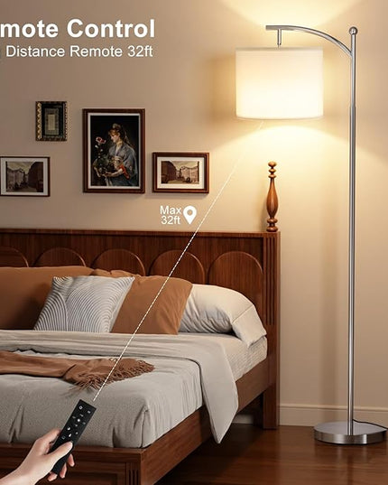 Ambimall Floor Lamp with Remote Control and Stepless Dimmable Bulb, Colors Temperature & Brightness Adjustable, Modern Floor Lamps for Living Room（White Shade & Silver Pole） - LeafyLoom